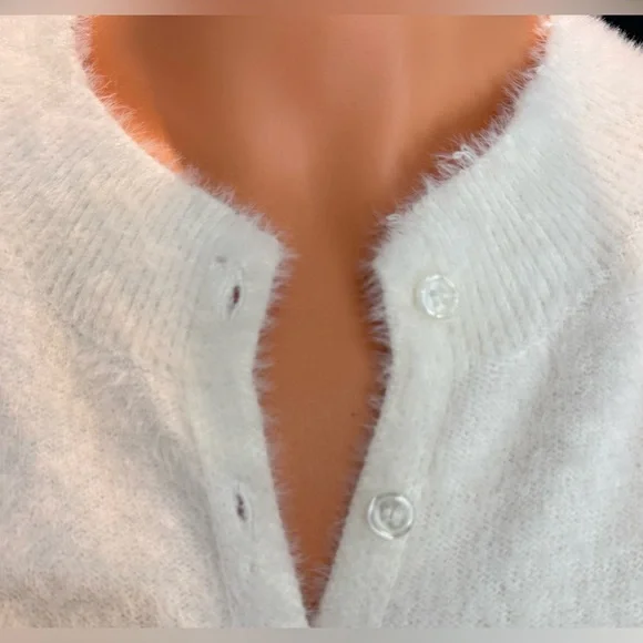 Anthropologie Eyelash Knit Cardigan Ivory Fuzzy Button Front M NWT - Picture 3 of 7
